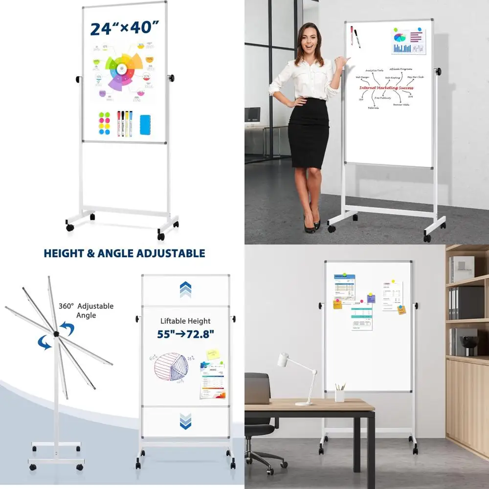 

Double-Side White Board with Stand, Magnetic Mobile Whiteboard 24x40 Height Adjustable Rolling Dry Erase Board, Large Standing W