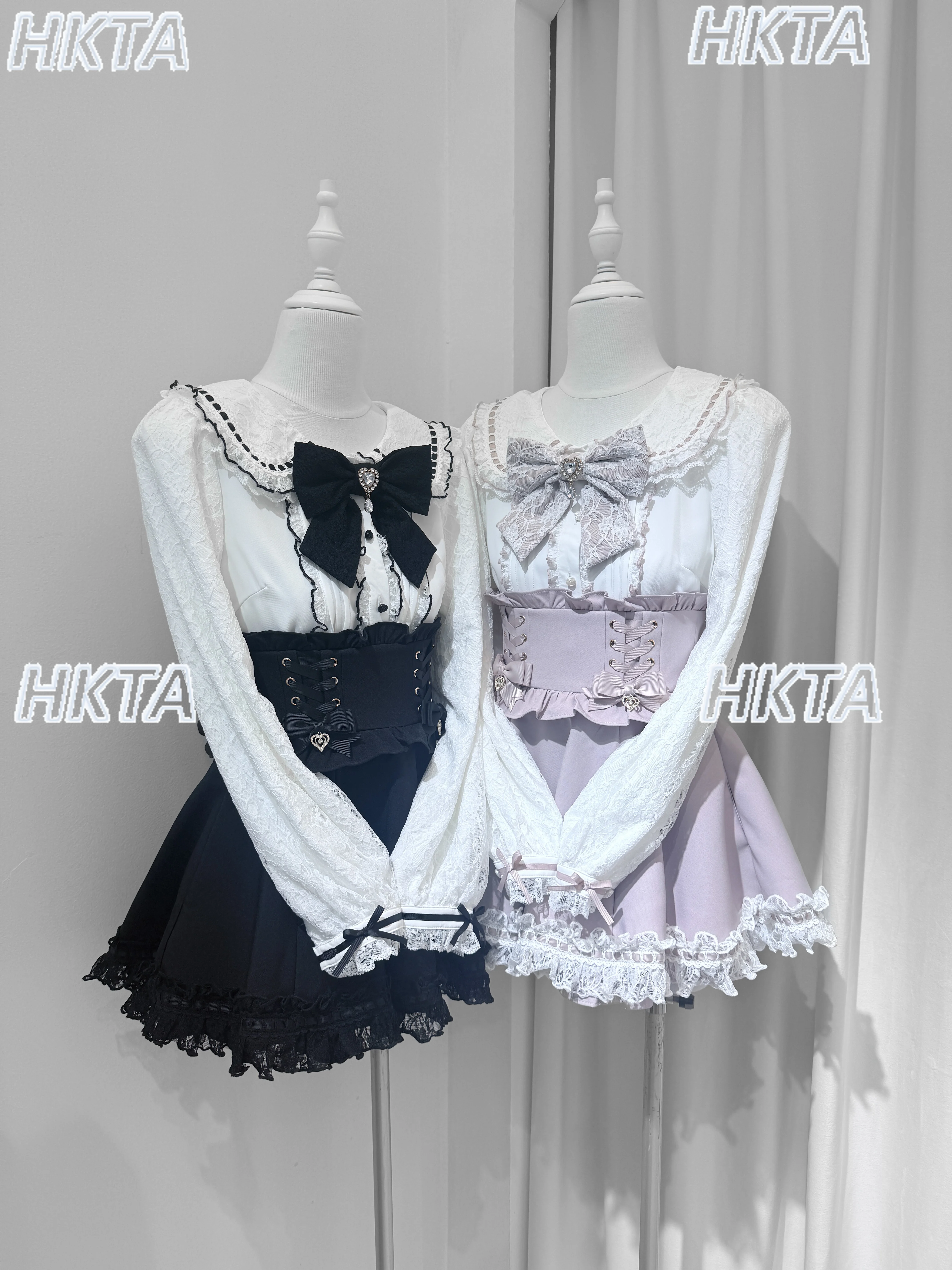 Giapponese 2025 Autunno Nuovo Dolce Colletto della Bambola Camicia a Maniche Lunghe con Fiocco in Pizzo Top a Vita Alta Sottile Gonna A Pieghe Nera Culottes Set da Donna