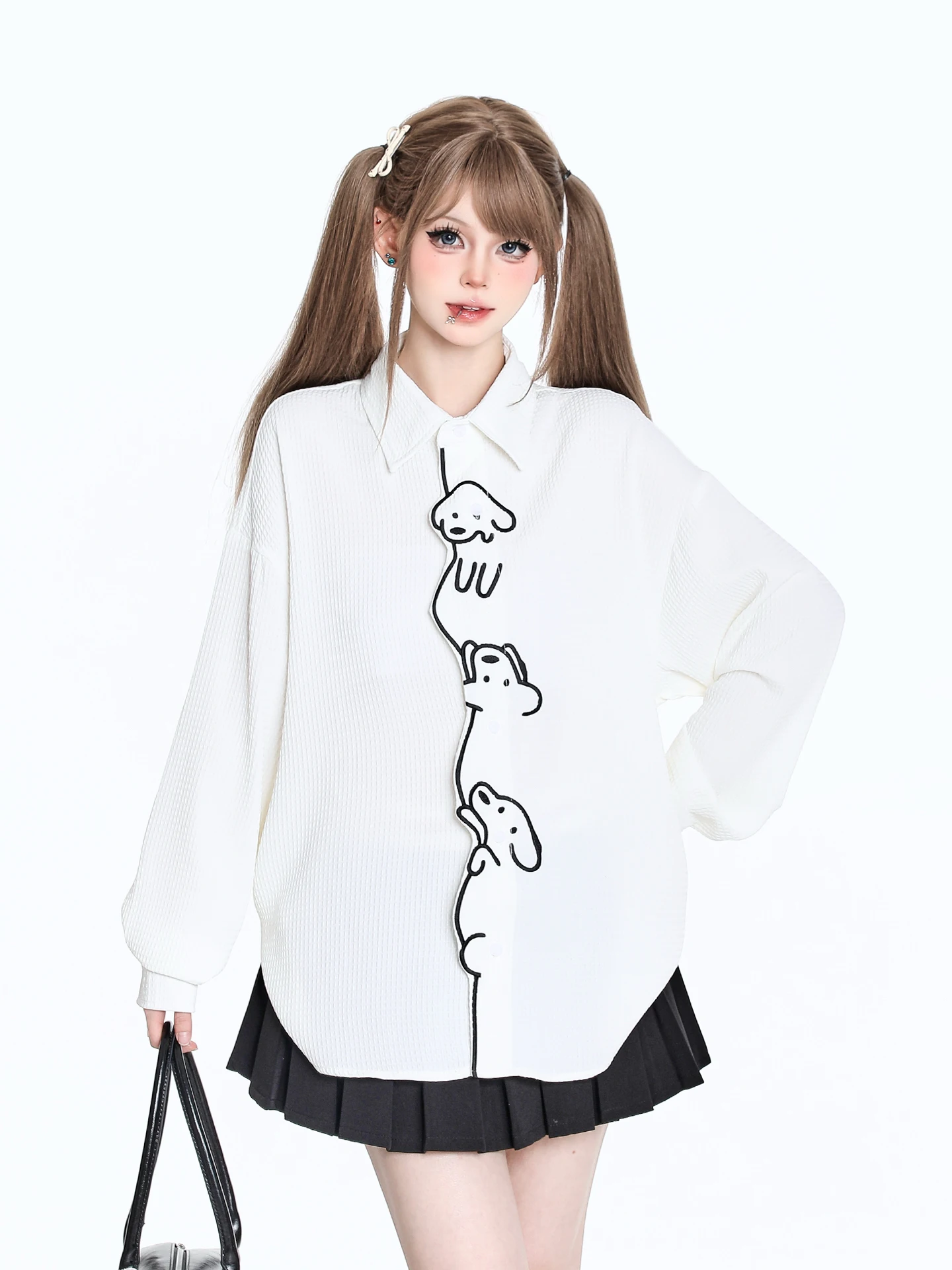 American Style Long Sleeve Embroidered Loose Casual Shirt for Women Autumn Design Lazy Style Age-Defying Collar Button up