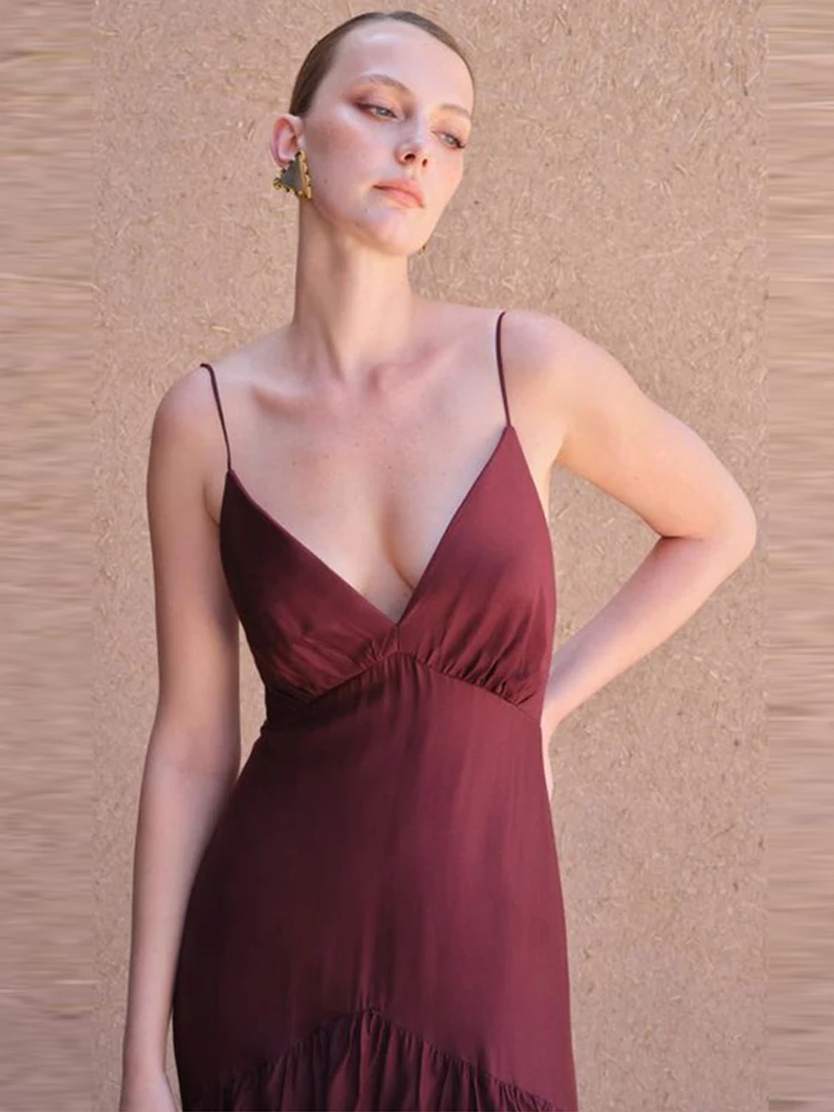 Seksowna długa sukienka z falbankami, damska, bez rękawów, z głębokim dekoltem w serek, rozkloszowana, modna sukienka damska 2025, bez pleców, zapinana na zamek, sukienka na ramiączkach.