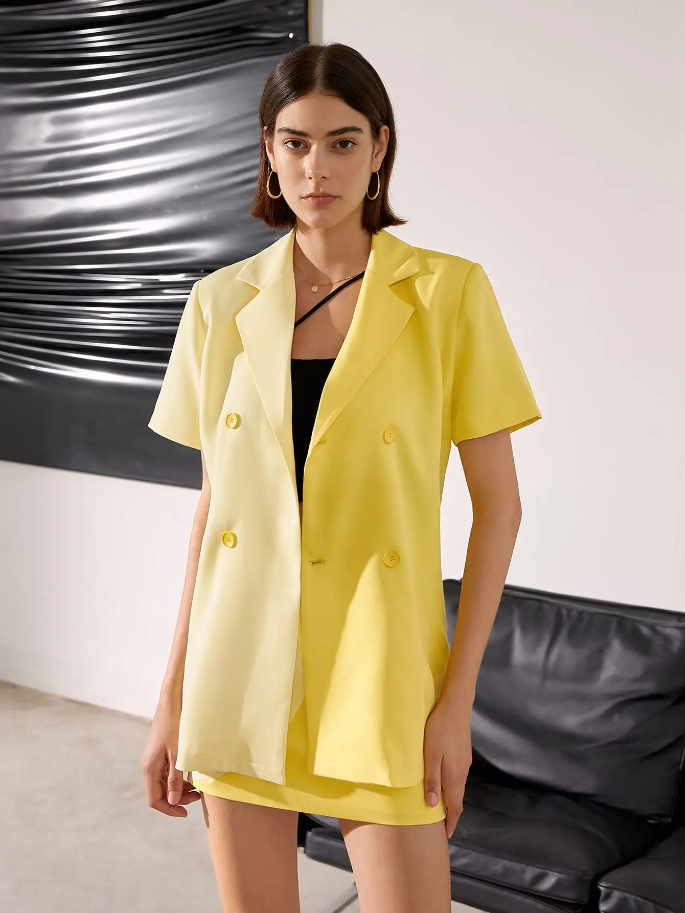 Amy enjoy life casual short-sleeved blazer ladies summer 2023 loose yellow blouse design sense stitching