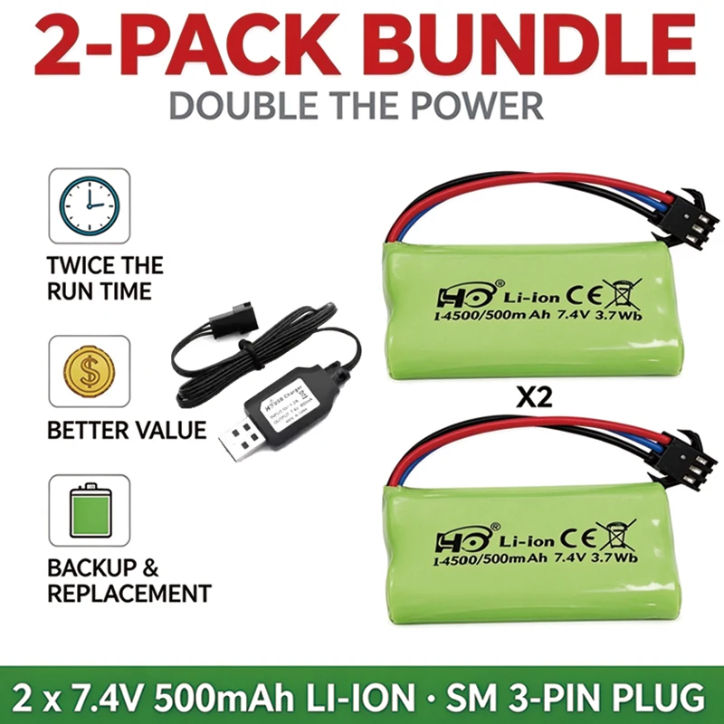 S 7.4V 500mAh 10C Li‑ion Battery Pack SM3P PlugUpgrade Replacement Parts for Mn82 Mn111 Mn99s LD1899 LD1801 LD1297S RC Car Toys