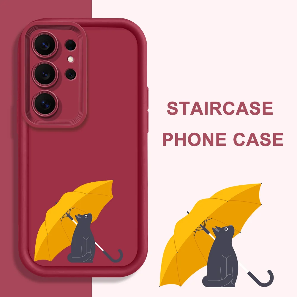 Umbrella Cat Phone Case For Samsung Galaxy S26 S25 S24 S23 S22 S21 S20 FE Plus Ultra 5G Staircase Soft Cover