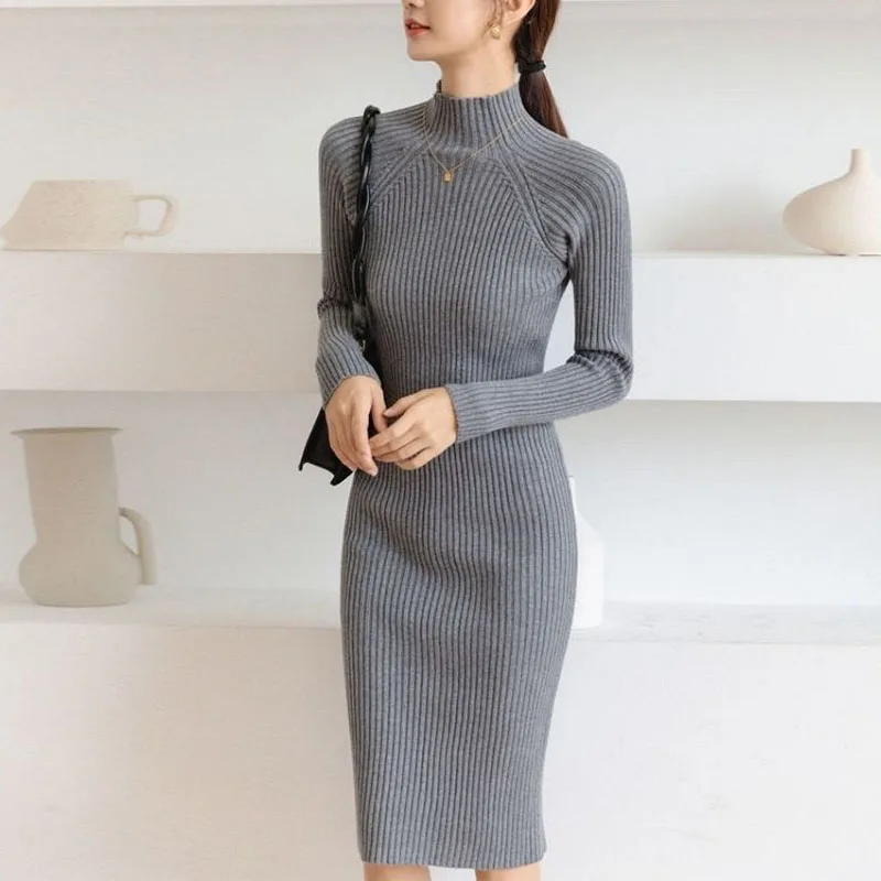 

Autumn Winter Half High Collar Dress Sweater Knitted Skirt Women Midi Korean Over the Knee Slim Solid All-match Bodycon Dresses