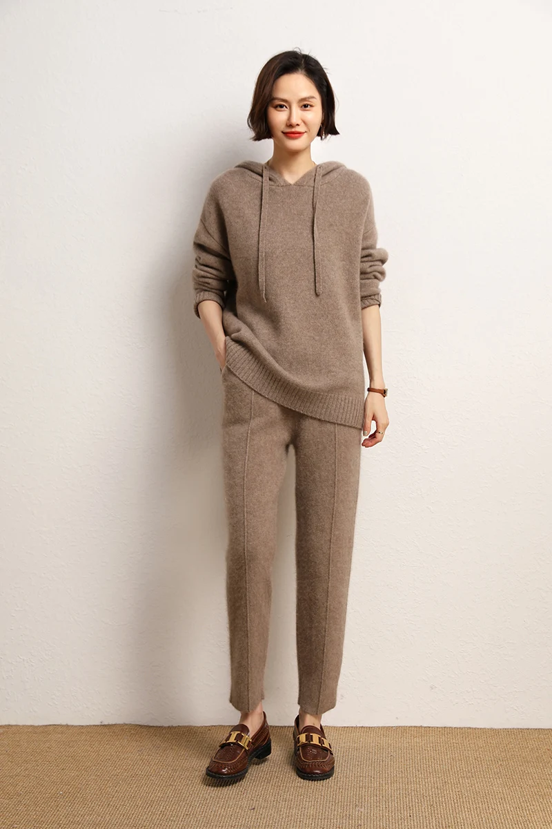 Fashion Suit Autumn Winter 100% Cashmere Knitted High Quality Sweater Women Tops And Harem Pants Two-Piece Female Girl Clothes