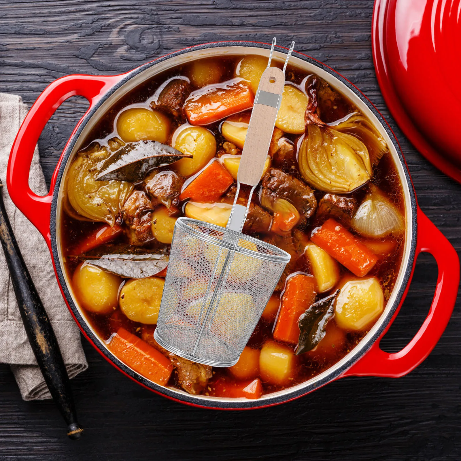 

1Pcs Stainless Steel Noodle Colander Premium Wood Handle Kitchen Strainer Scoop Mesh Basket for Cooking Boiling Pasta Ramen