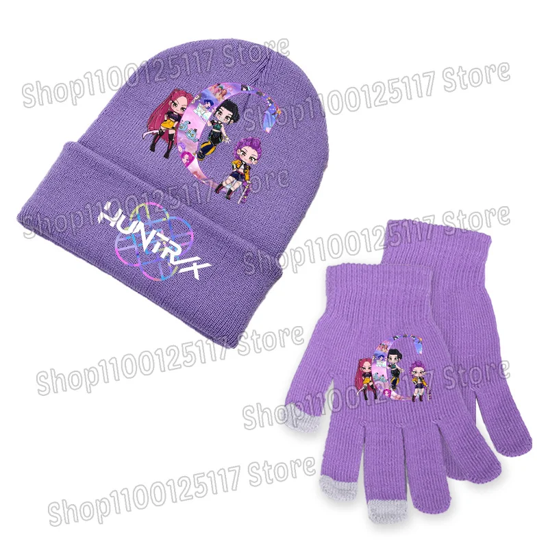 شيطان الصيادين Kpop الشتاء قبعة قفازات 2 قطعة مجموعة الفتيات النساء الأرجواني دعوى الدافئة قبعات منسوجة فنجر قفاز شاشة اللمس في الهواء الطلق الدعائم