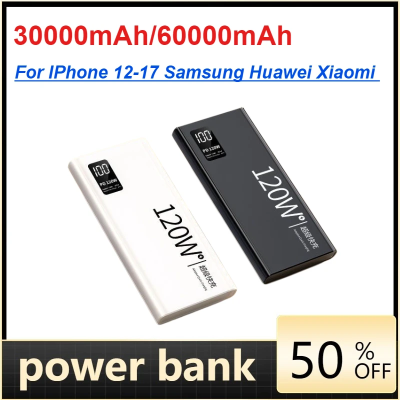 

120W 30000mAh/60000mAh Power Bank Super Fast Charging CCC Portable Battery Charger for IPhone 12-17 Samsung Huawei Xiaomi