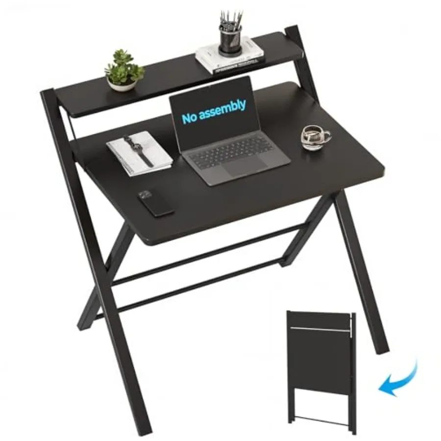 

No Assembly Foldg Desk, 2-Tier Compact Computer Desk with Shelf, Space Savg Foldable Table for Home Office, Dorm or Apartment,