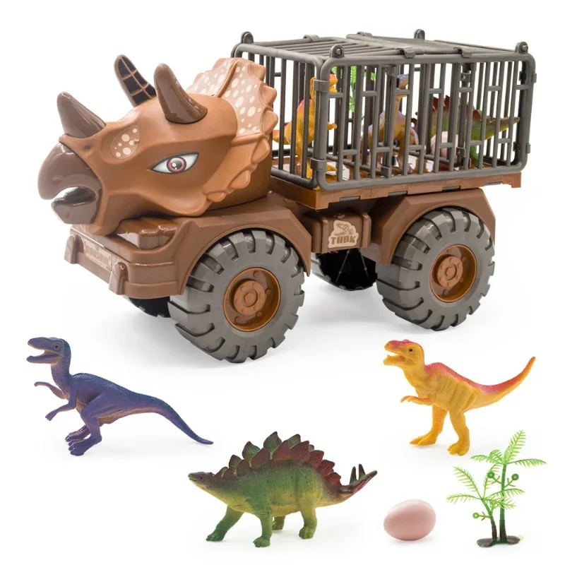 ألعاب شاحنة الديناصورات للأطفال، مجموعة لعب سيارات النقل Tyrannosaurus مع سيارات دينو قابلة للسحب، هدية مثالية للأولاد والبنات