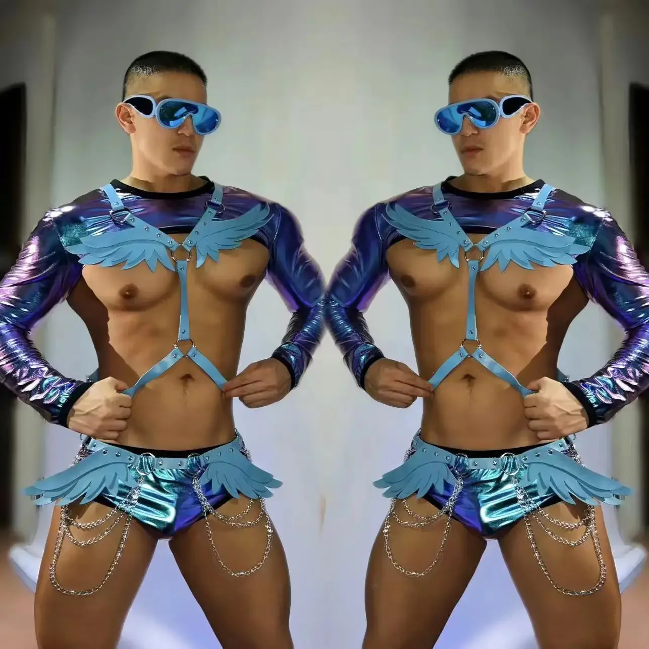 

Show Rave Outfit Blue Wings Chest Waist Chains Performance Club Nightclub DJ Dancer Gogo Dance Costume Sexy Stage Wear Party