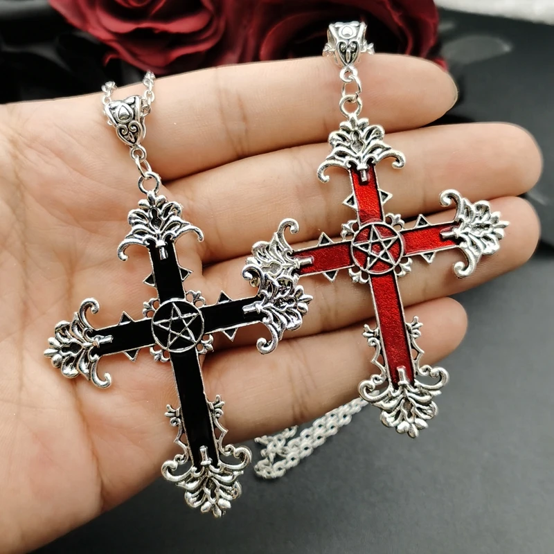 

Indie Gothic Enamel Inverted Upside Down Cross Pendant Necklace Vintage Gothic Satanic Pagan Wiccan Druid Occult Jewelry