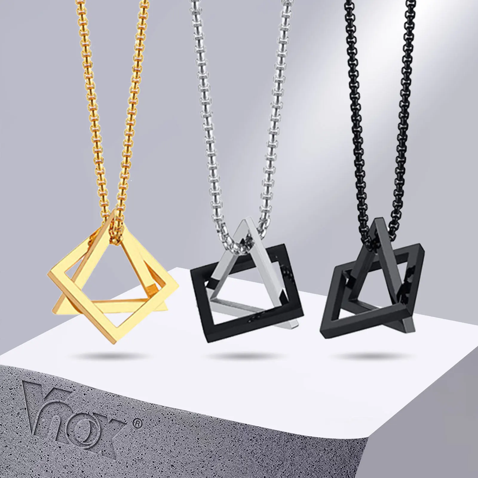 Vnox Hip Hop Mens Triangle Square Necklace, Stylish Stainless Steel Irregular Geometric Pendant, Funny Male Collar Jewelry