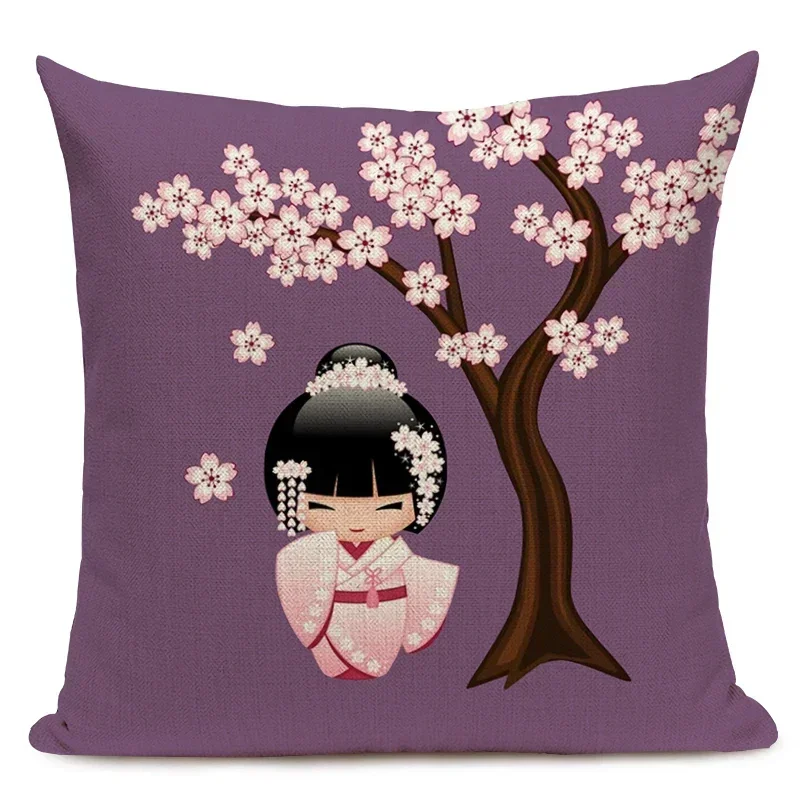 Japanese Print Decorative Pillow Cover Fuji Kimono Girl Throw Pillow Case with Sea Waves for Home or Hotel Sofas Decor