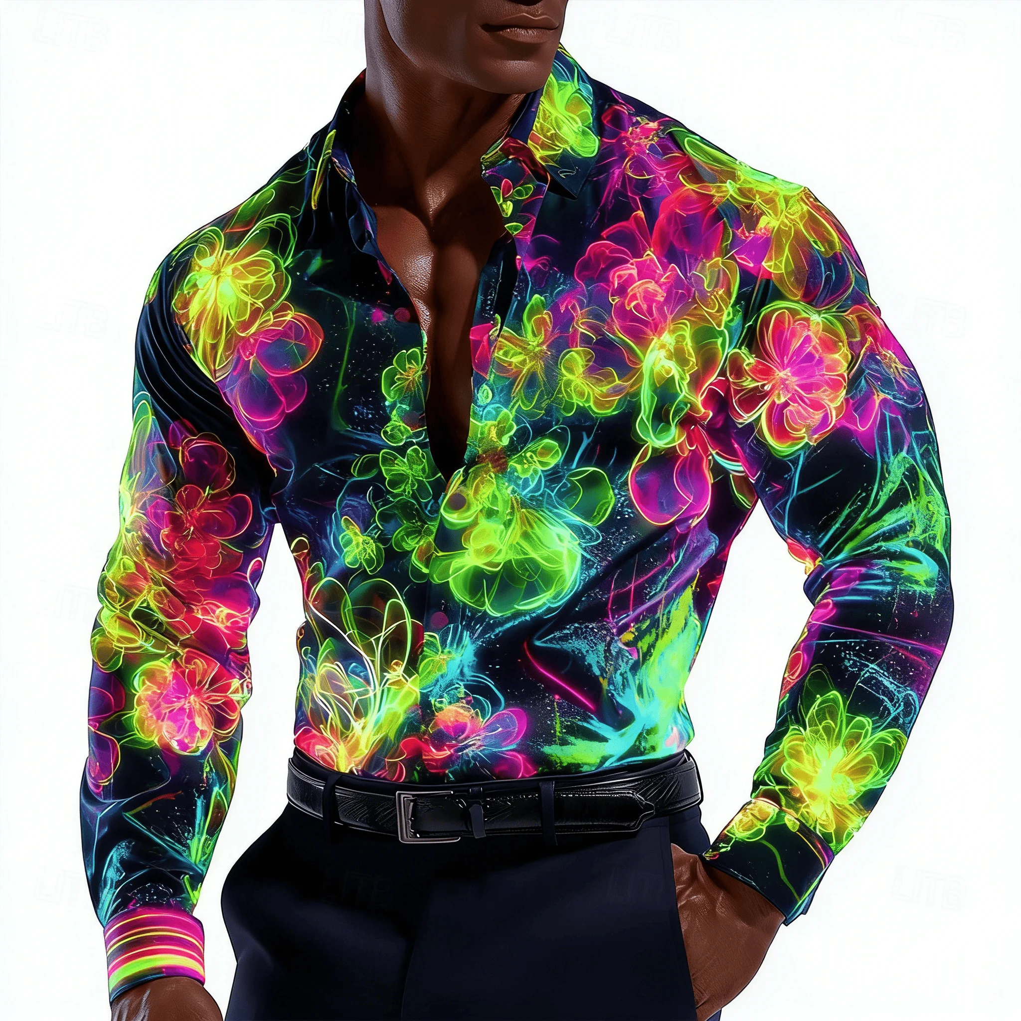 

Men's Neon Floral Light Print Lapel Shirt, Spring Summer Party Top, Glowing Abstract Flower Design