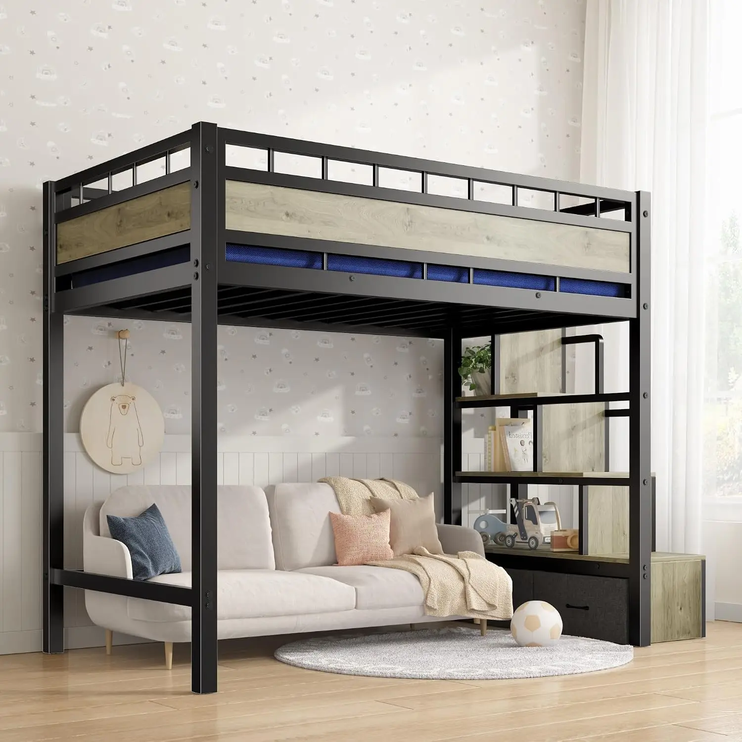 Twin Size Loft Bed, with Storage Stairs & Drawers,Space-Saving Heavy-Duty Metal Bed Frame, No Box Spring Needed,, Customized