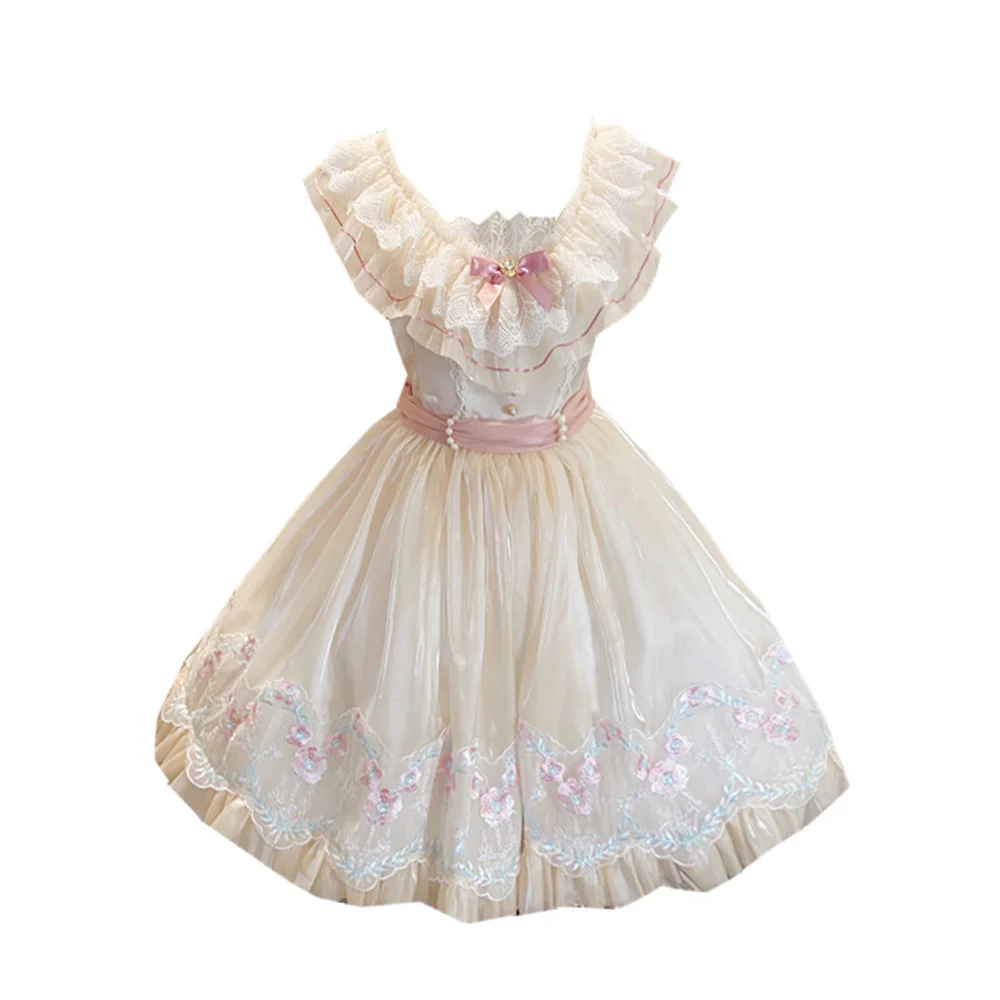 Elegant ผู้หญิง Victoria V คอเปิดเผยกลับ Lolita ชุด Kawaii สาวเย็บปักถักร้อยลูกไม้ Big Bowknot Princess Lolita Op คอสเพลย์