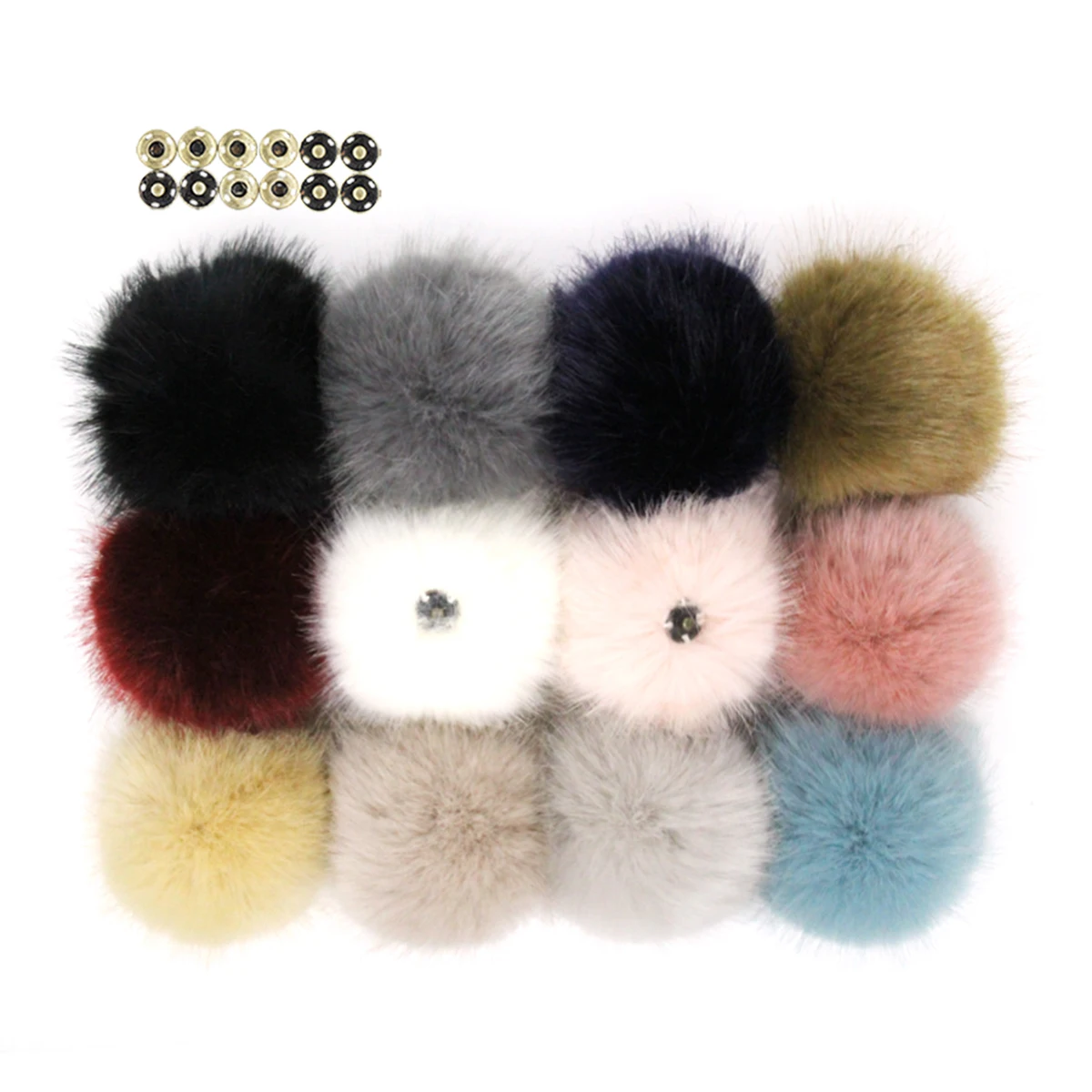 Furling 12PC 10cm DIY Handmade Faux Mink Fur Pom Pom Ball With Buttons for Beanie Hats Crafts Keychain Key Ring Accessories