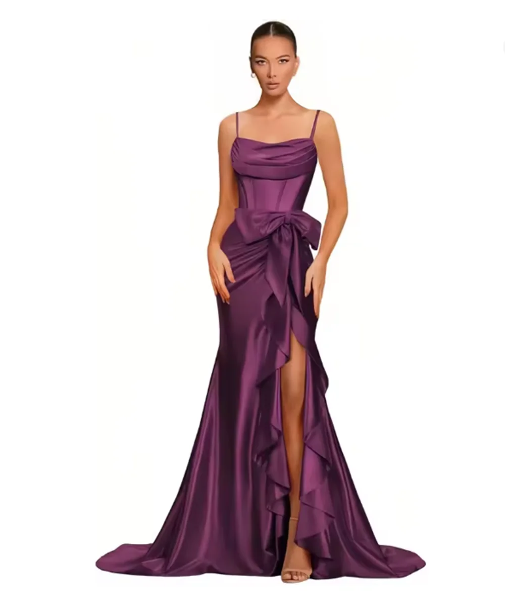 فساتين حفلة موسيقية من الساتان بأشرطة سباغيتي للنساء حورية البحر فستان سهرة بفتحة مكشوفة الكتف مع فستان ضيوف على شكل فيونكة