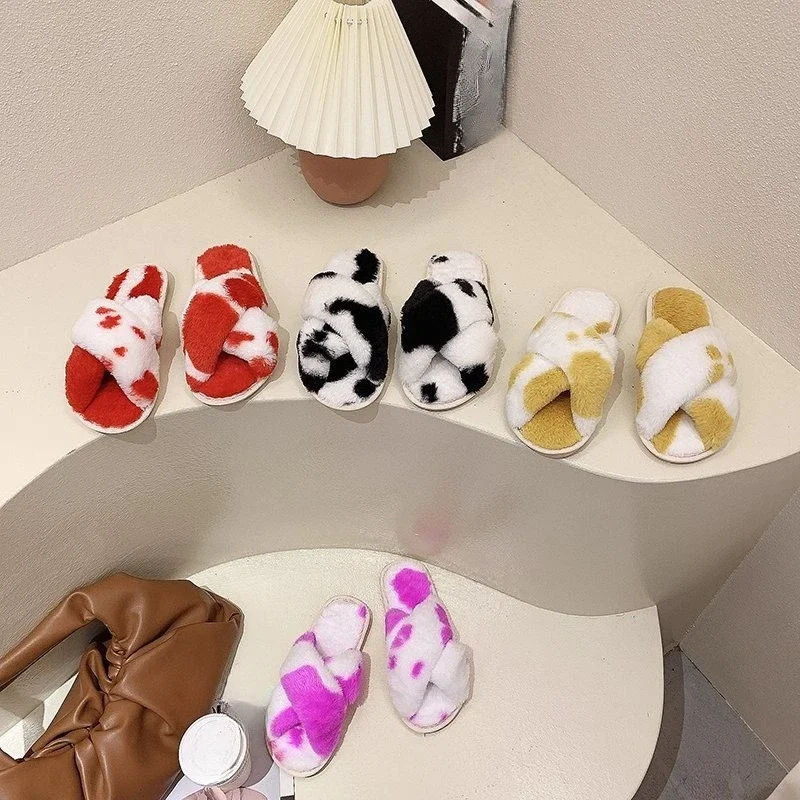 Women Winter Cross Strap Mixed Color Furry Fur Slippers Fluffy Faux Fur Slides Warm Plush Slippers Open-toe Indoor House Shoes