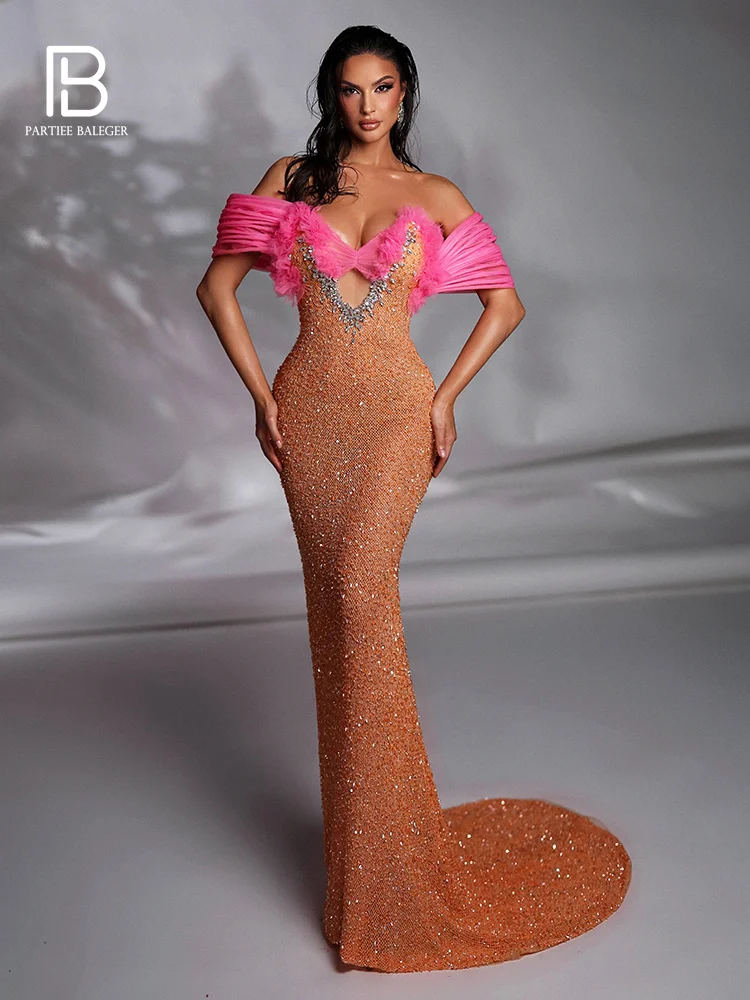 

PB 2024 Summer New Glitter Mermaid Evening Dress Off Shoulder Mesh Patchwork Sequins and Beading Prom Party Outfits Vestidos