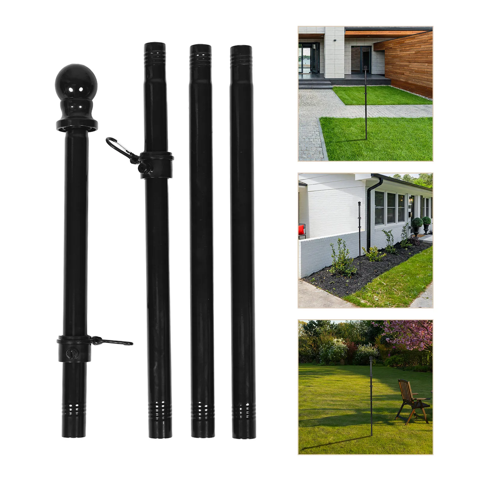 1Set Sectional Stainless Steel Flagpole Kit Black Heavy Duty 4 Sections Outdoor Yard Garden Porch Flagpole Holder