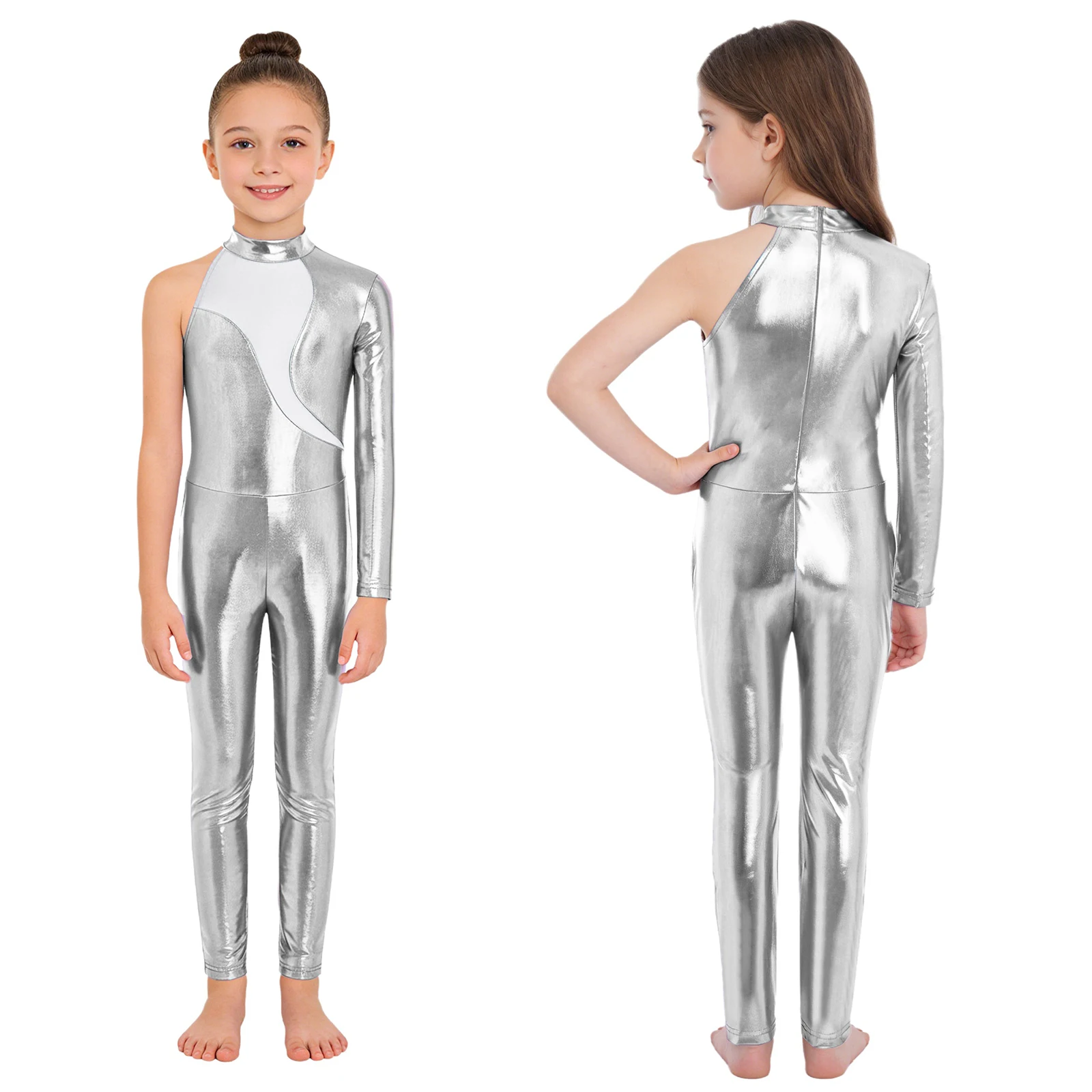 Kids Girls Gymnastics Leotard Ballet Dance Jumpsuit Metallic Shiny One Shoulder Mesh Bodysuit Figure Skating Acrobatics Costume