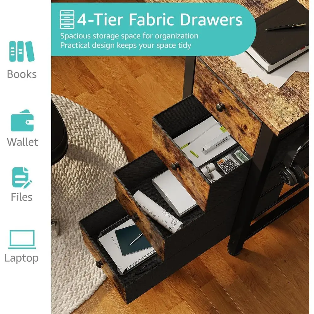 مكتب كمبيوتر بني ريفي حديث مع 4 أدراج قماشية وأرفف تخزين، 63 مكتب دراسة للمكتب المنزلي أو غرفة النوم، مناسب