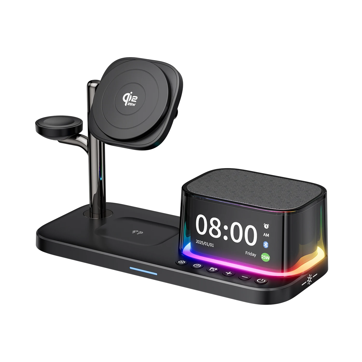 

2025 Multifunction Light Rgb Desk Alarm Clock Bluetooth Speaker 5 in 1 Fast Charging Wireless Charger