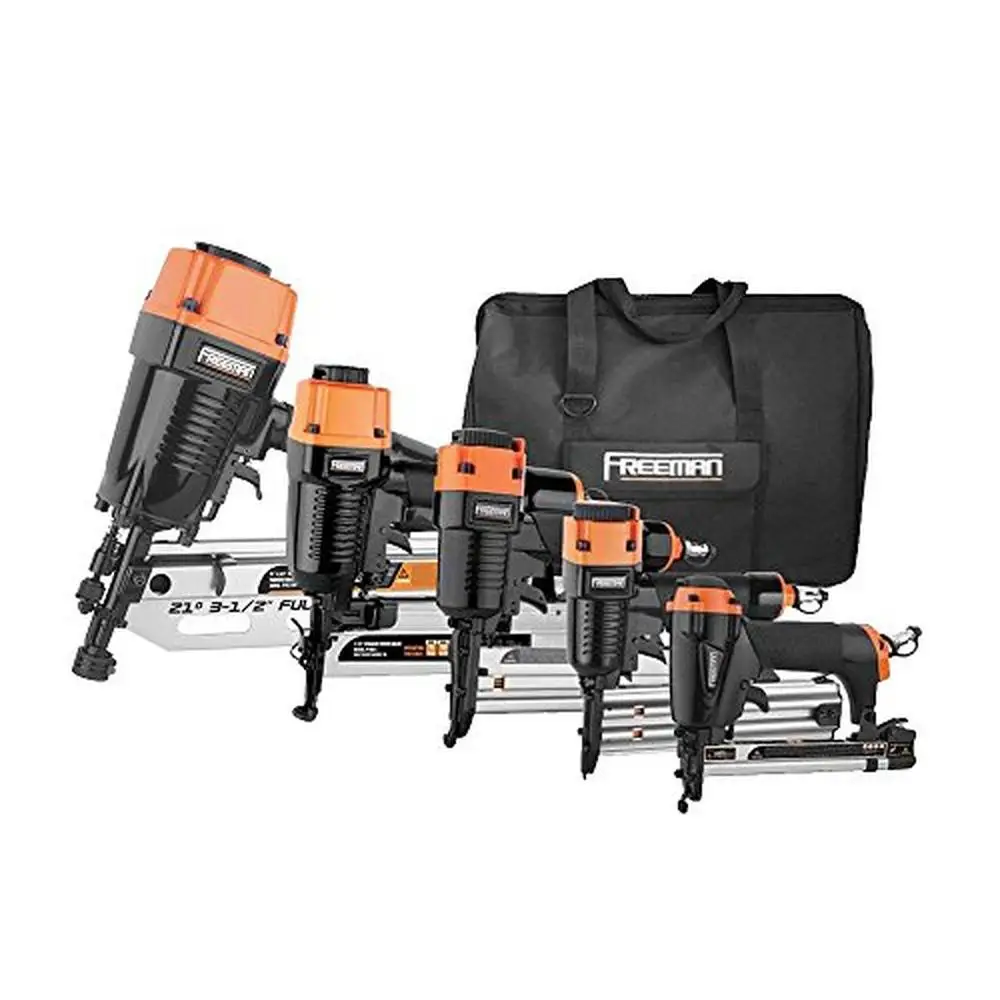 5-Piece Pneumatic Nailers Staplers Combo Kit Canvas Bag Fasteners Black Pro Design Framing Finish DIY Builders Roofing Siding