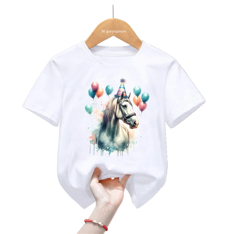 Colorful Horse Birthday Printed T Shirt Girls/Boys Funny Harajuku Kawaii Kids Clothes T-Shirt Summer Fashion T-Shirt Streetwear