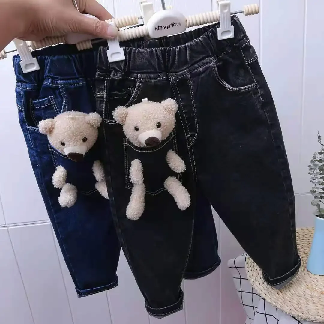 Jeans urso casual feminino, calça infantil estrangeira, feminina tesouro, versão coreana, nova, estilo primavera e outono