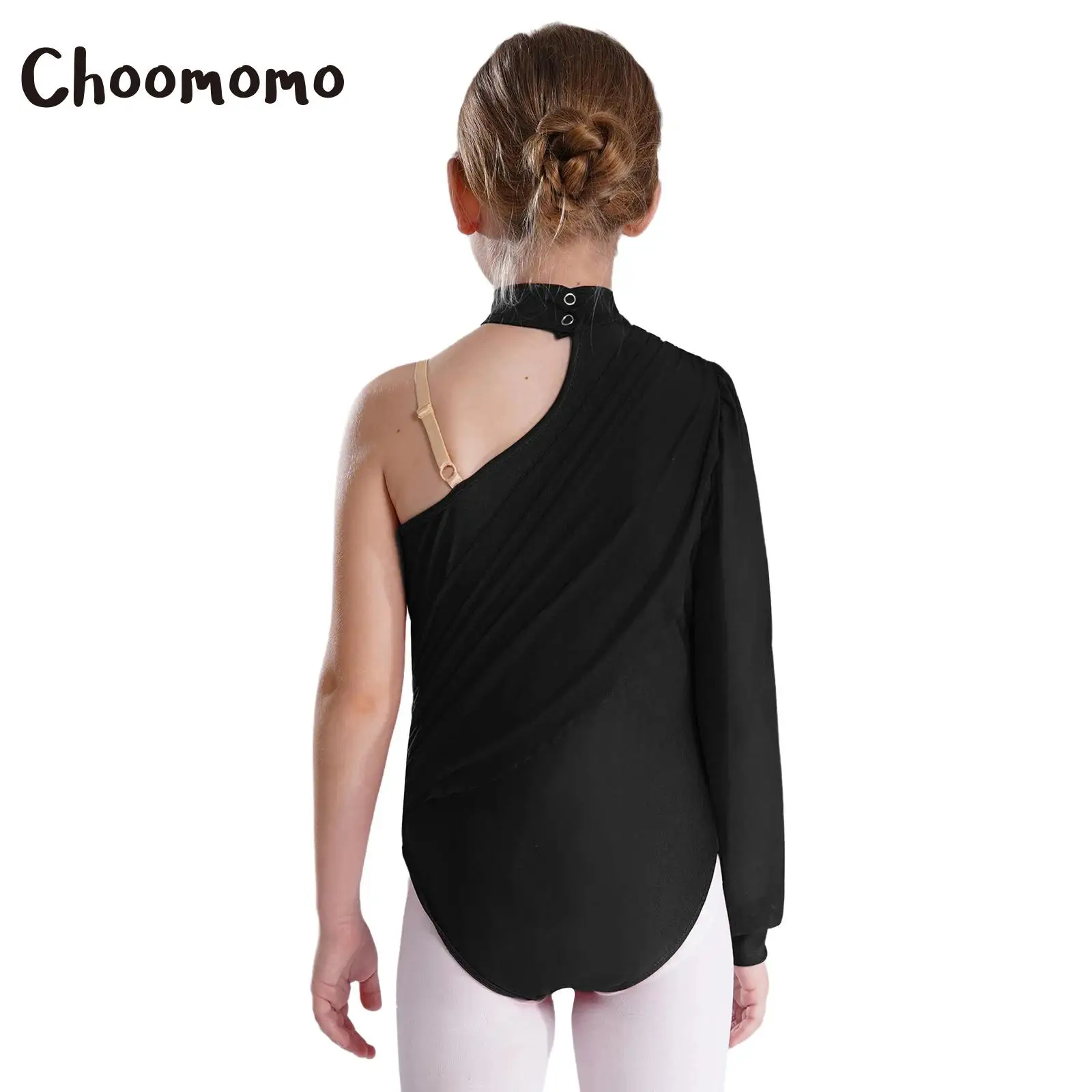 

Kids Girls Figure Skating Gymnastics Dance Outfit One Shoulder Long Sleeve Ruched Mesh Leotard Bodysuits +Shorts Ballet Jersey