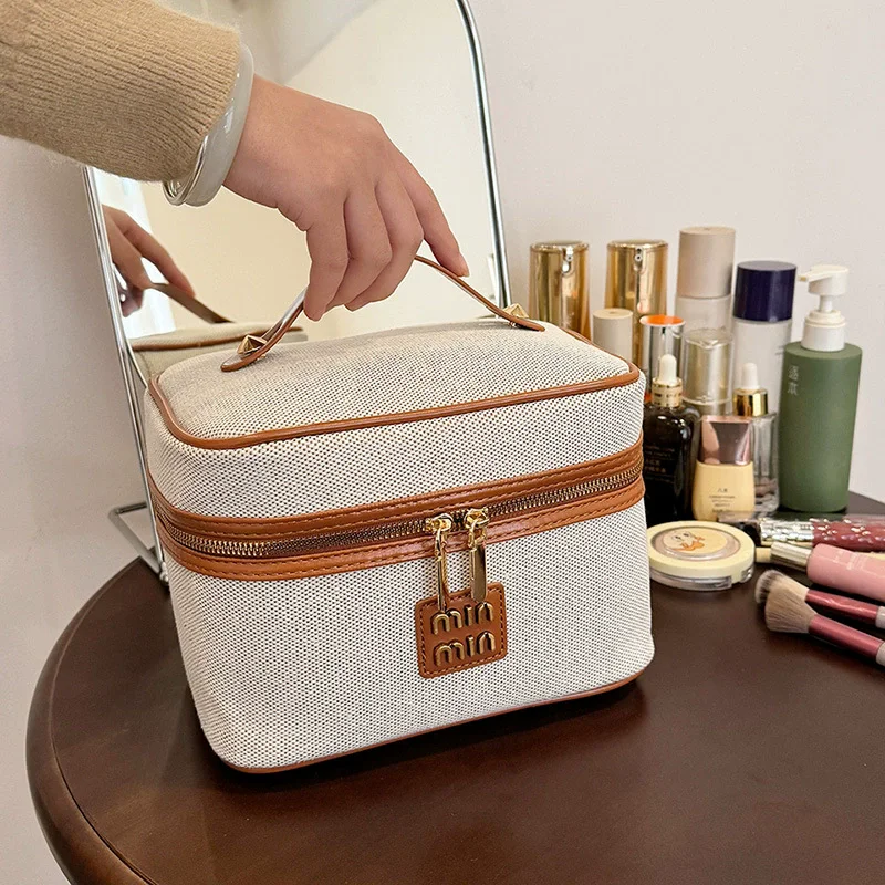 Neceser de lona para mujer, nueva bolsa de maquillaje con asa, bolsas de cosméticos portátiles de gran capacidad, Estuches de almacenamiento de viaje para el hogar