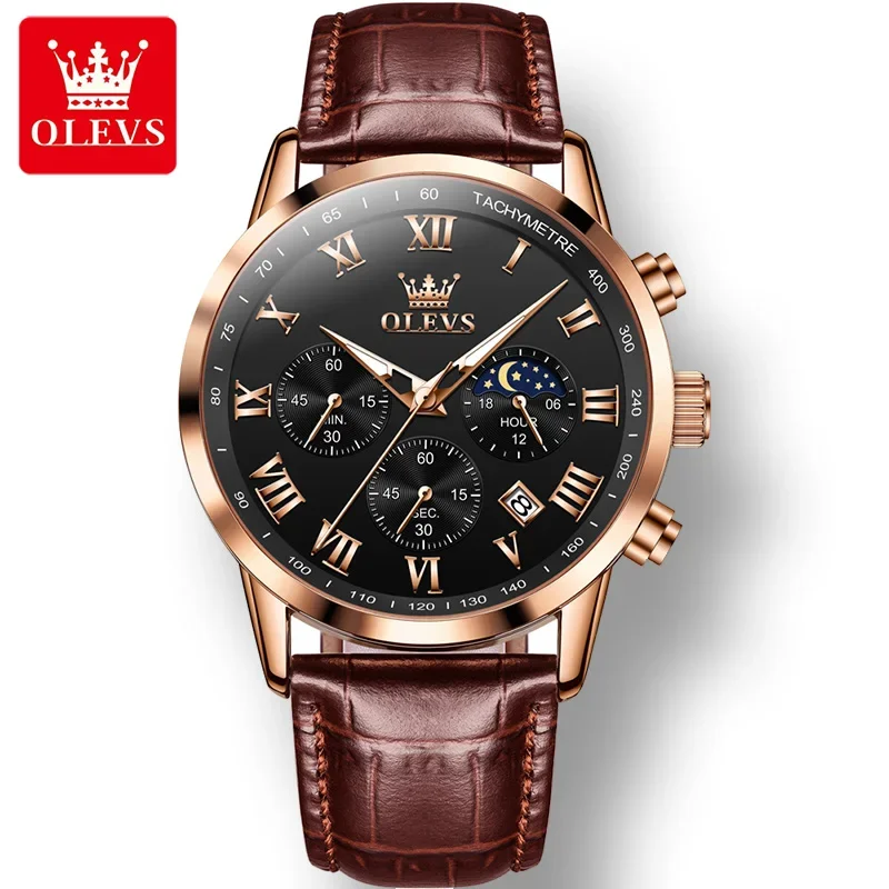 

OLEVS 5529 Multi-function Quality Quartz Men Wristwatches Sport Waterproof Genuine Leather Strap Watches for Men Luminous