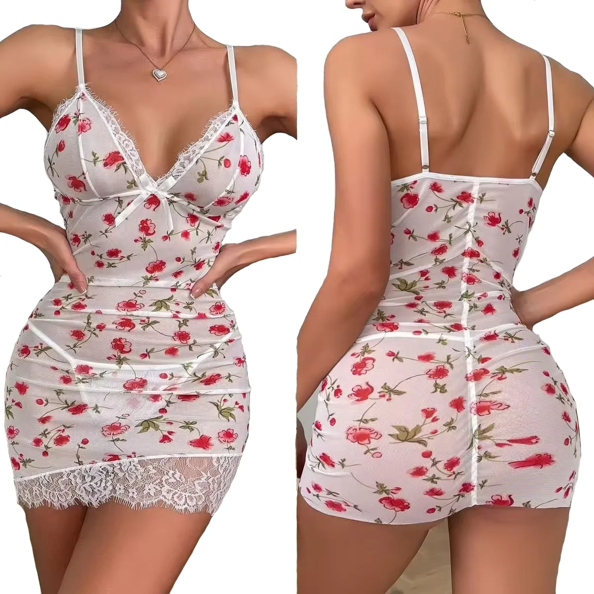 Sexy Sleepwear For Sleeping Night Dress Women Lingrie Sets Deep V Slip Nightgowns And Panties Lace Ruffle Trim Underwear Pajama