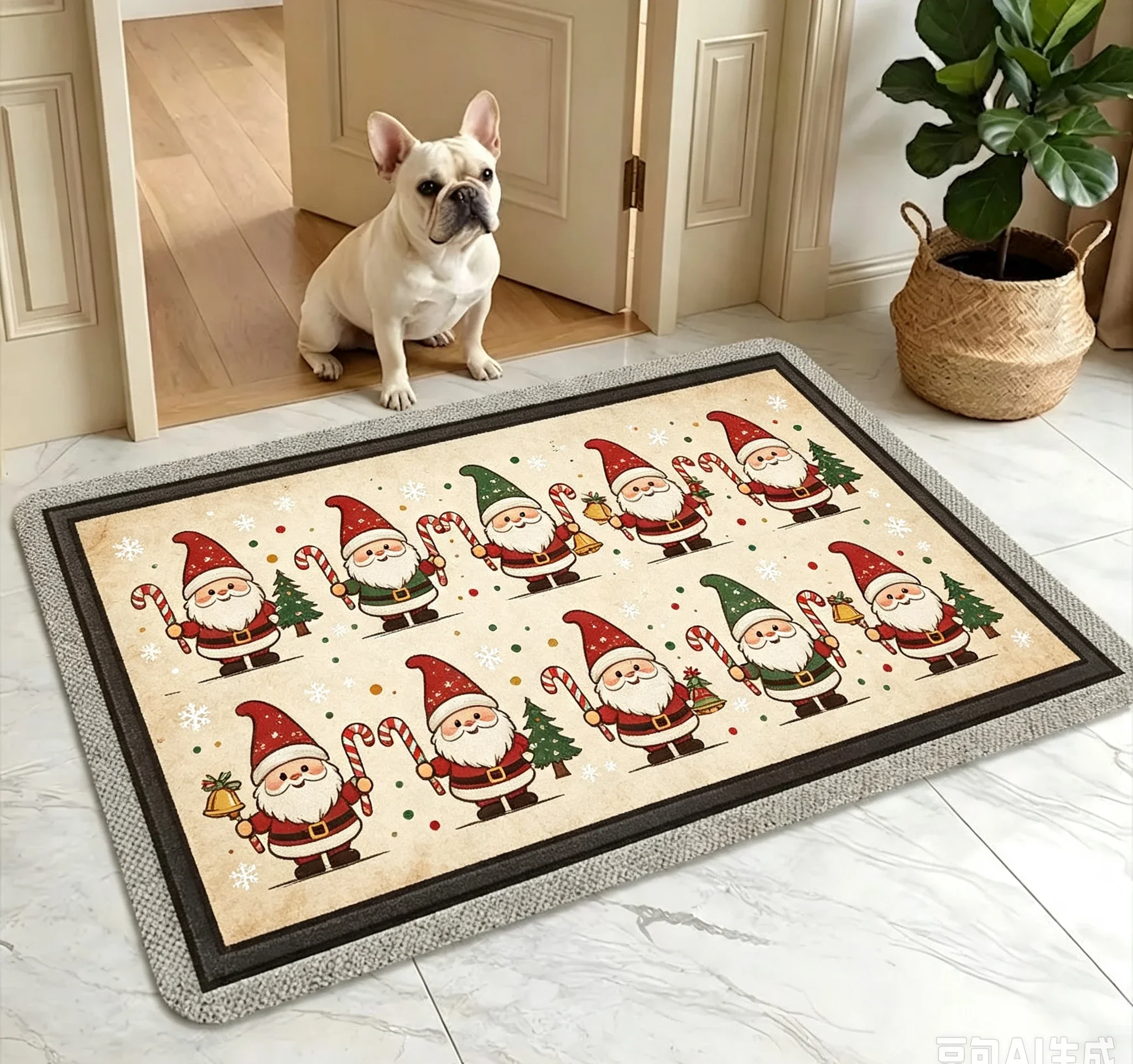 Green Background Snowflake Gift Gnome Rug For Nordic Christmas Decor Minimalist Pattern Doormat Accent