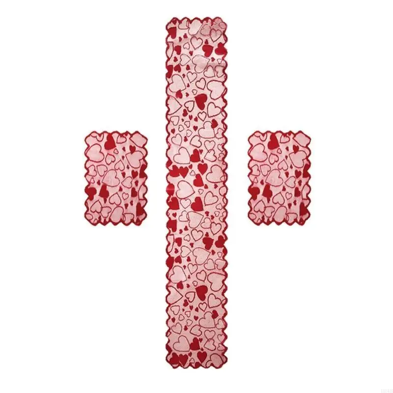 H8WB Romentic Love Heart Rose Table Runner for Valentine's Day Christmas Decoration