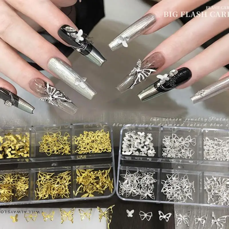6 rejillas 3D Metal estrellas Bowknot mariposa Nail Art Charms oro/plata Starlight remaches decoraciones para uñas accesorios de lentejuelas para manicura