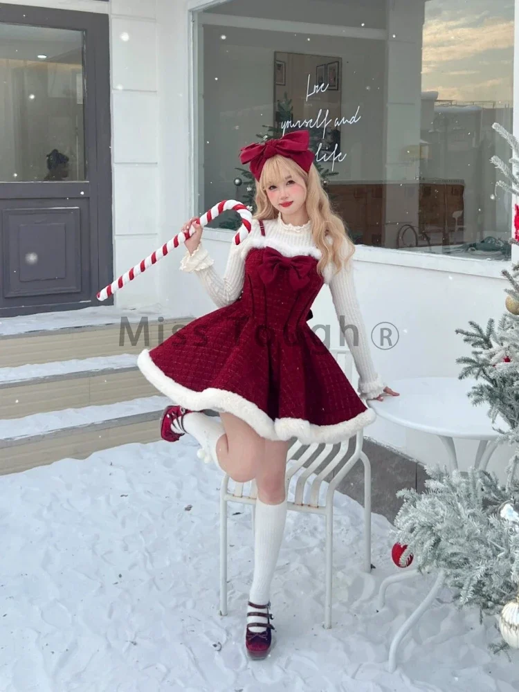 Japanese Sweet Lolita Dress Set Women Kawaii Bow Plush Shawl Short Jackets Party Mini Dress Suit Christmas New Year 3-częściowy zestaw