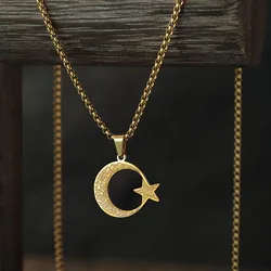 Kinitial Stainless Steel Crescent Moon Star Pendant Necklace Men Women Lover's Long Chain Jewelry Gift