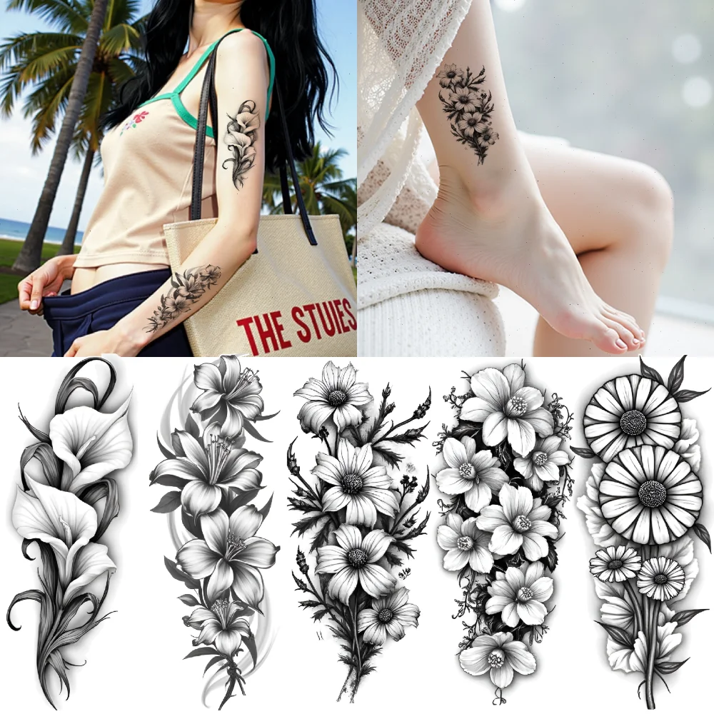 

12pcs Temporary Tattoo Flower Art Realistic Temporary Tattoos Floral Tattoos Black And Grey Realism For Back Arms Male