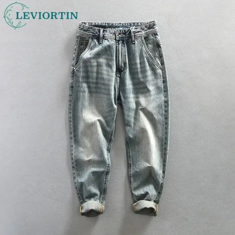 

2025 г., мужские модные модные повседневные потертые мягкие хлопковые свободные однотонные универсальные простые прямые ковбойские брюки Four Seasons в стиле ретро