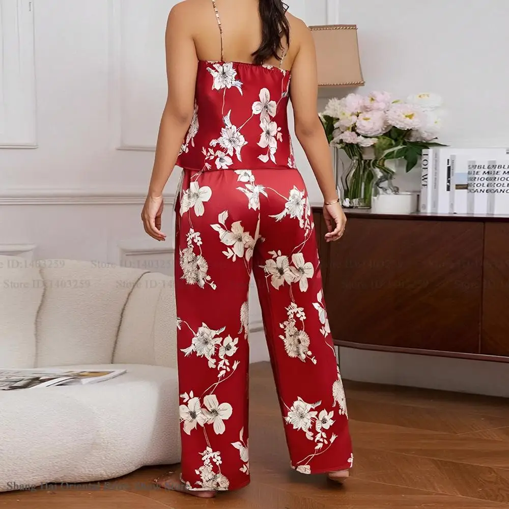 حجم كبير 3XL 4XL 5XL الإناث منامة مثير الحمالات بنطلون الدعاوى ملابس المنزل طباعة زهرة الساتان ملابس خاصة الملابس الداخلية الحميمة