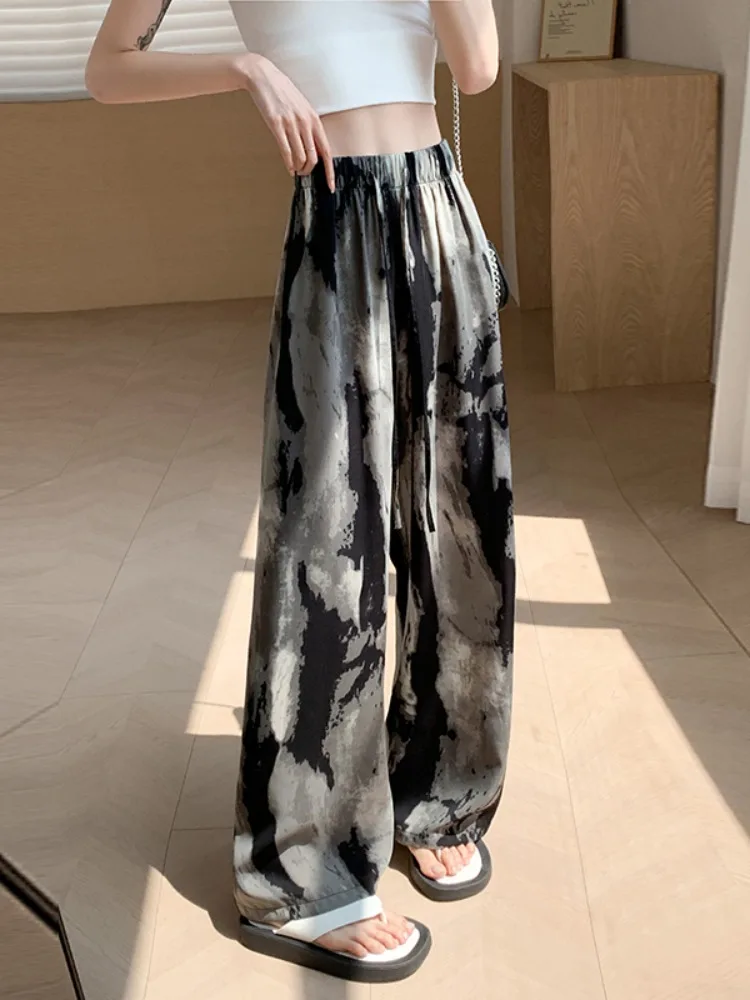 

High Waist Ice Silk Floor-Length Casual Pants Women Summer New Thin Loose Slimming Drapey Straight Leg Wide Leg Pants