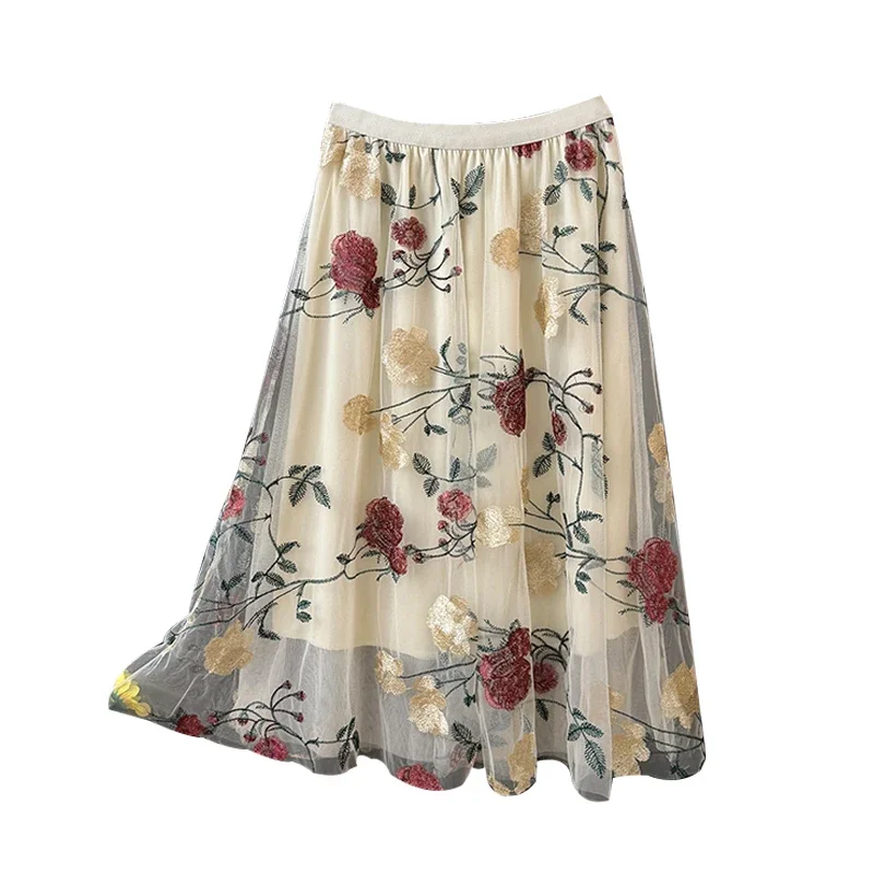 Kimotimo Vintage Borduren Bloem Mesh Patchwork Rok Vrouwen 2025, Lente Hoge Taille Geplooide Grote Schommel Midi Rokken Mode Skort