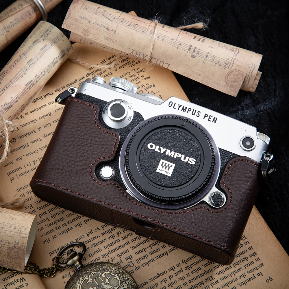 Funda F para OLYMPUS PEN-F, bolso de cuero para cámara, media funda protectora para cámara de cuero genuino, accesorios de fotografía