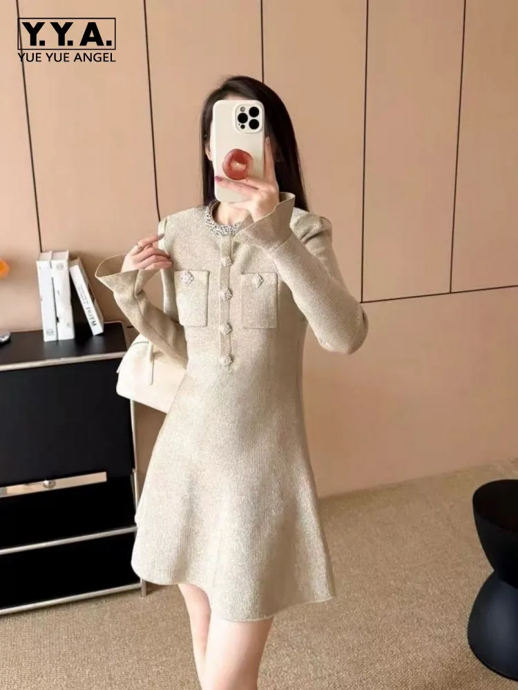 

Elegant Women O-Neck Diamond Flare Sleeve Dresses Slim Above Knee Length Dresses Spring New A-Line Pullover Long Sleeved Dresses