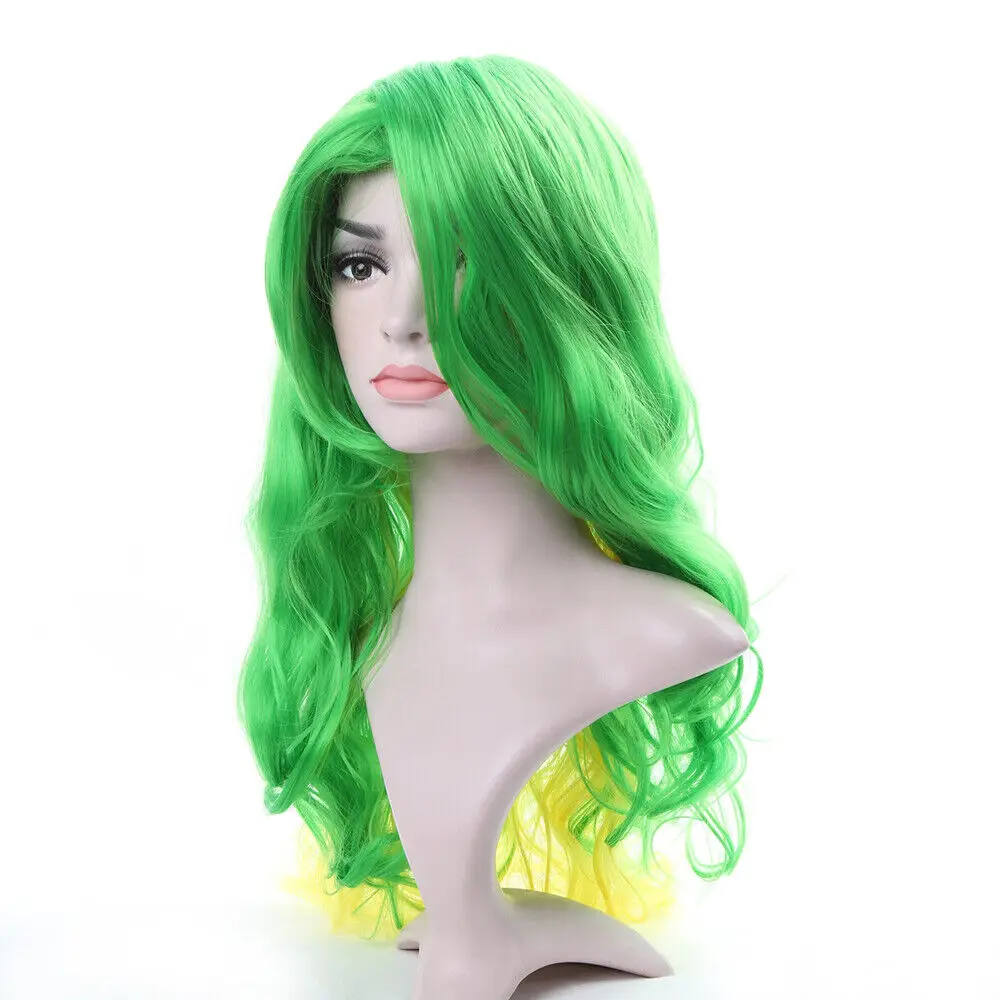 Peluca de pelo sintético para mujer, pelo largo ondulado, color verde y amarillo, regalo de Cosplay