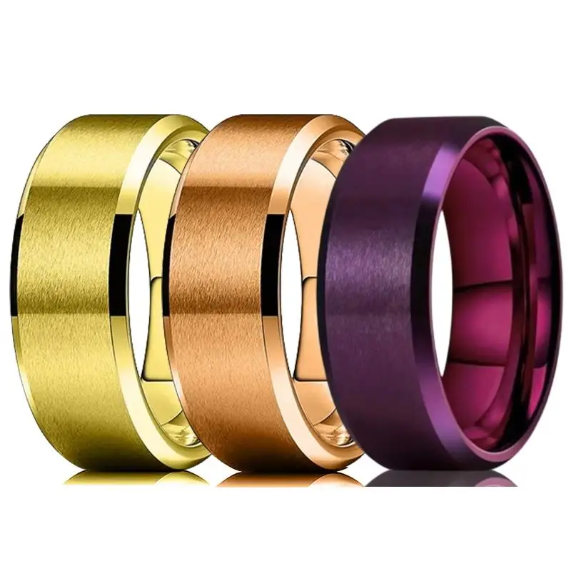 8mm Simple Purple Stainless Steel Ring with Matte Finish Beveled Polished Edge - Unisex Wedding Band Jewelry